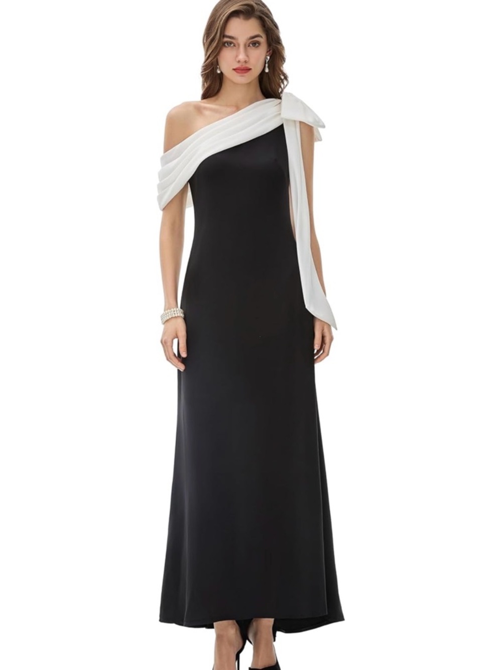 Black One-Shoulder Evening Gown with White Draped Sash